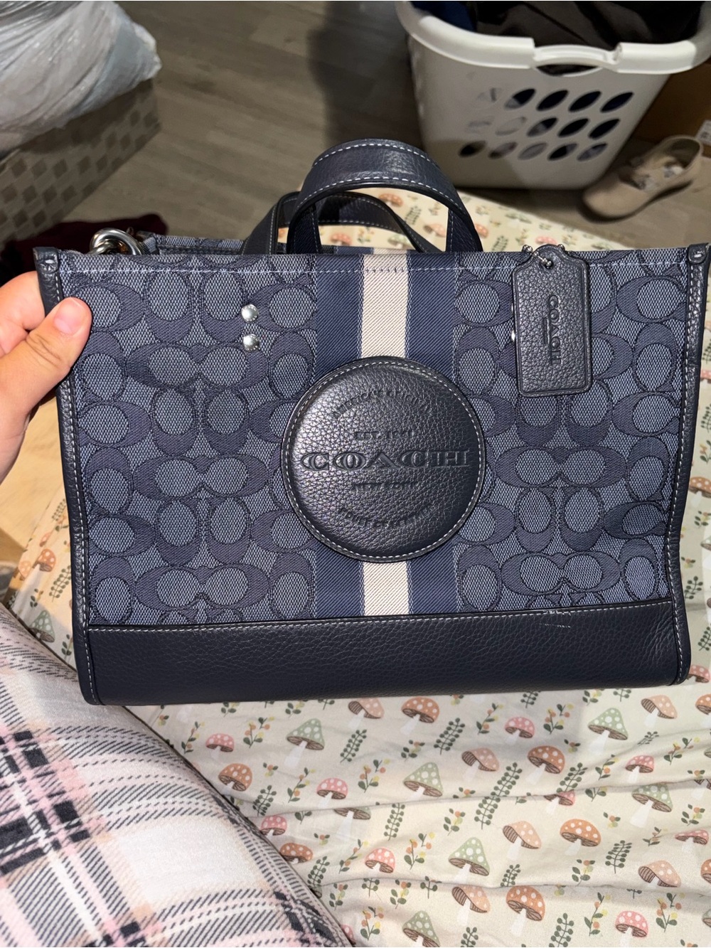 Coach Navy Signature Stripe Messenger Bag with Cream Stripe